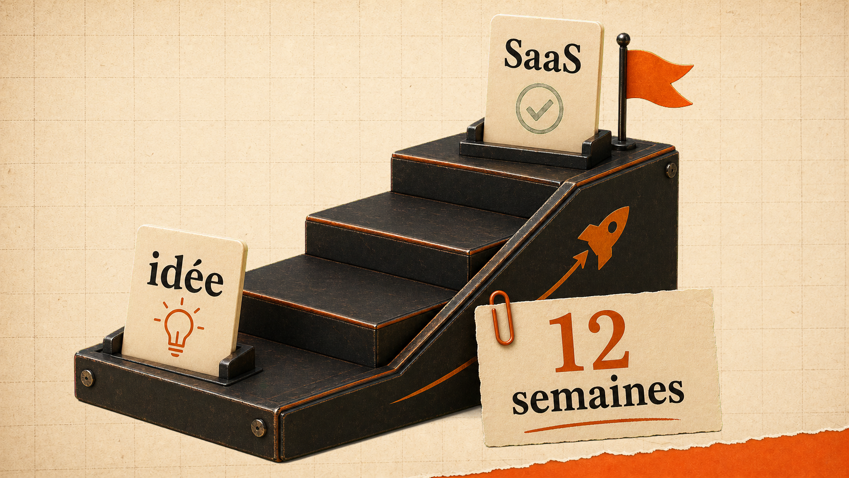 Escalier de lancement transformant une idée en SaaS validé en 12 semaines.
