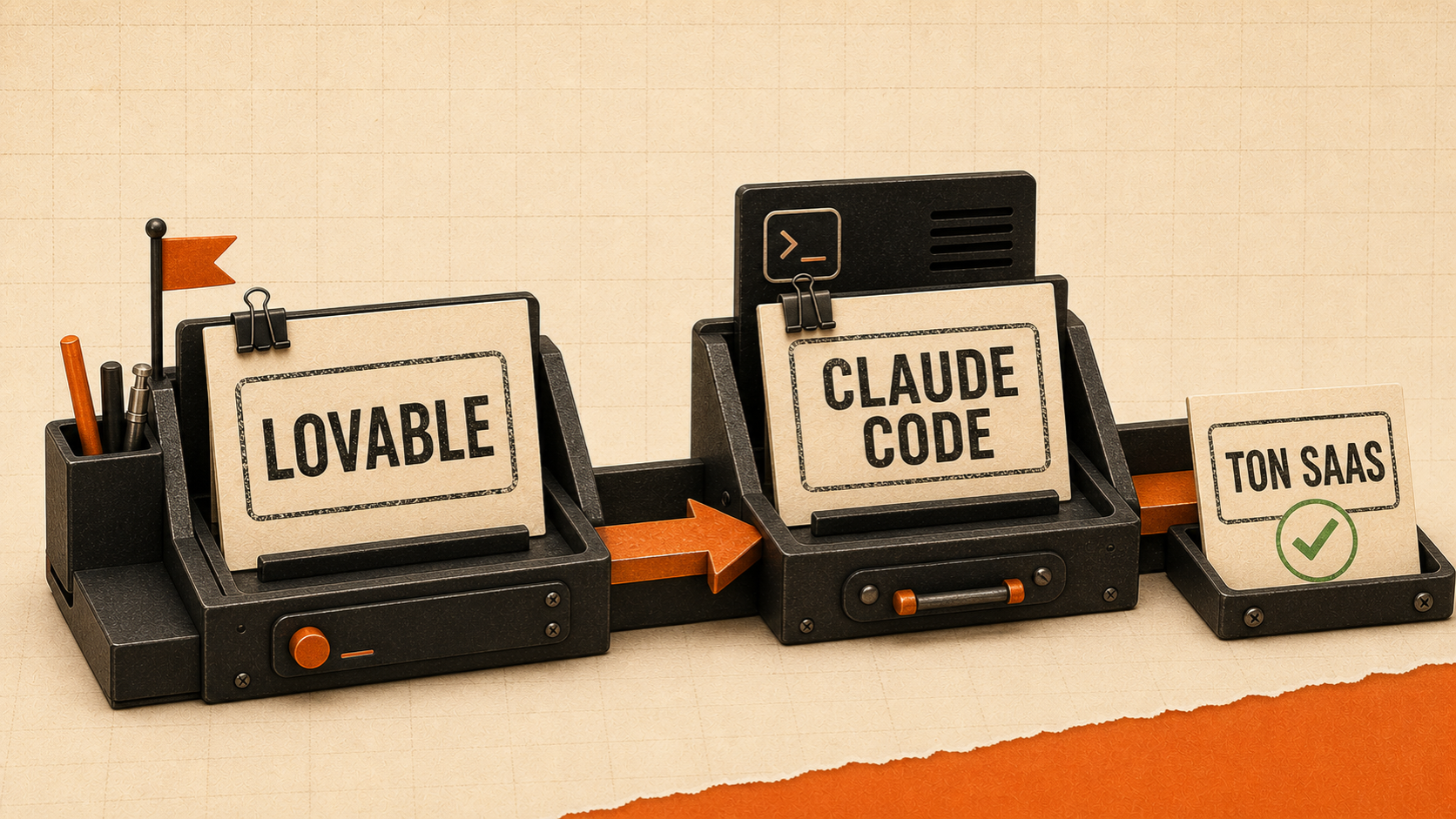 Diorama 3D éditorial avec deux établis face à face, un présentoir Lovable côté navigateur et un terminal Claude Code côté repo Git, reliés par un convoyeur orange marqué export GitHub.