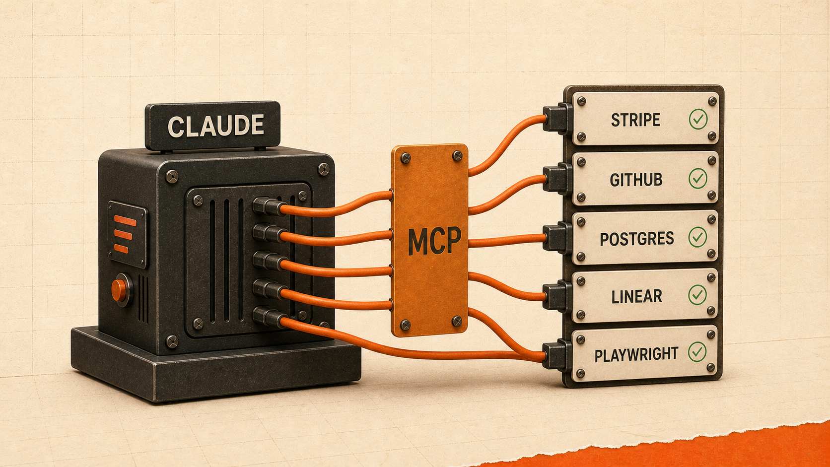 Standard MCP éditorial 3D où Claude Code branche cinq câbles vers Stripe, Postgres, GitHub, Linear et Playwright en cartes papier crème.