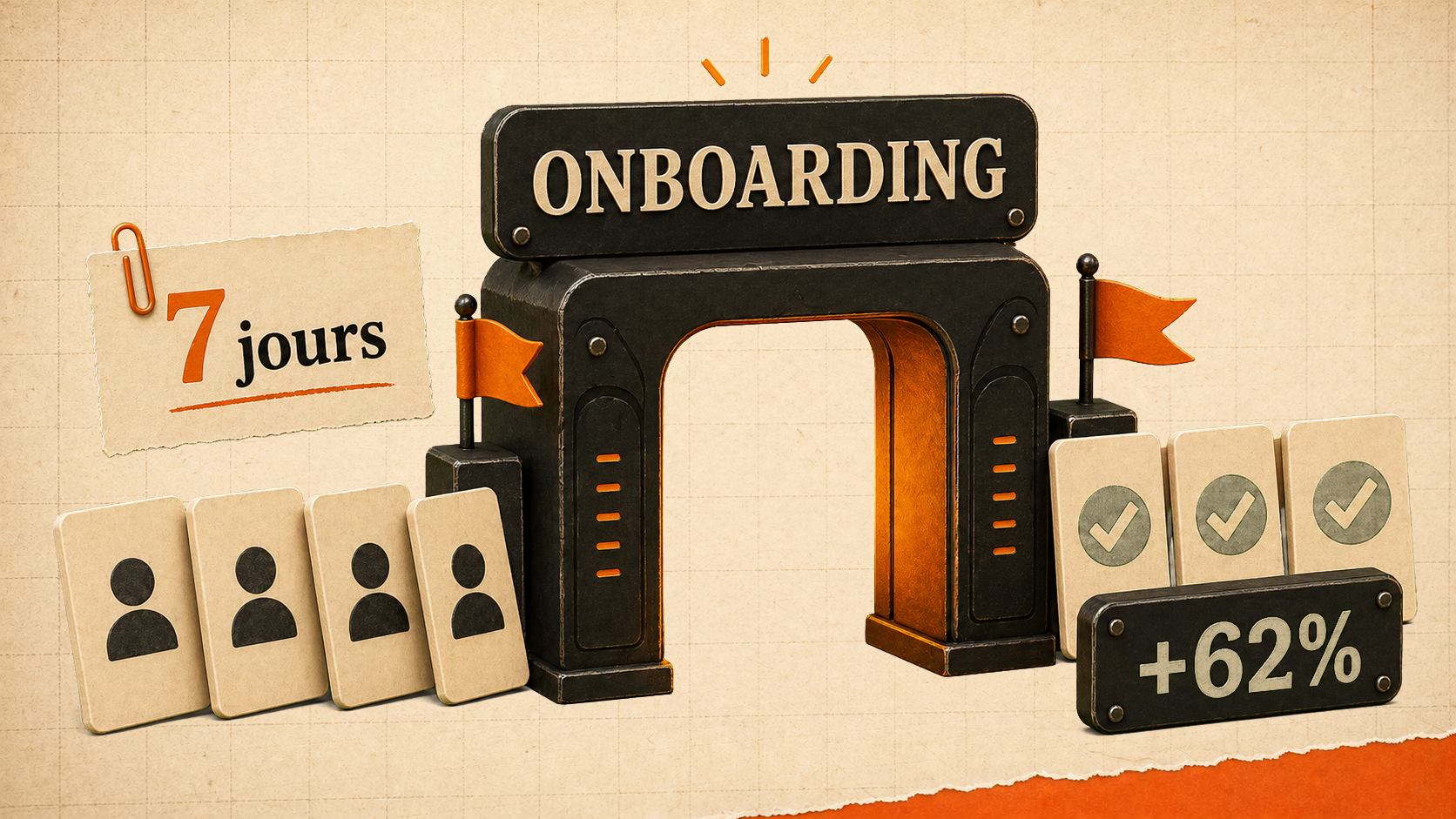 Portique d'onboarding SaaS transformant des utilisateurs confus en profils activés.