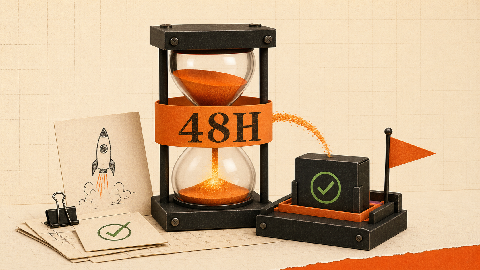 Établi éditorial 3D où une carte papier crème idée traverse un sablier orange estampillé 48h et ressort en MVP fonctionnel avec un lien Stripe validé.