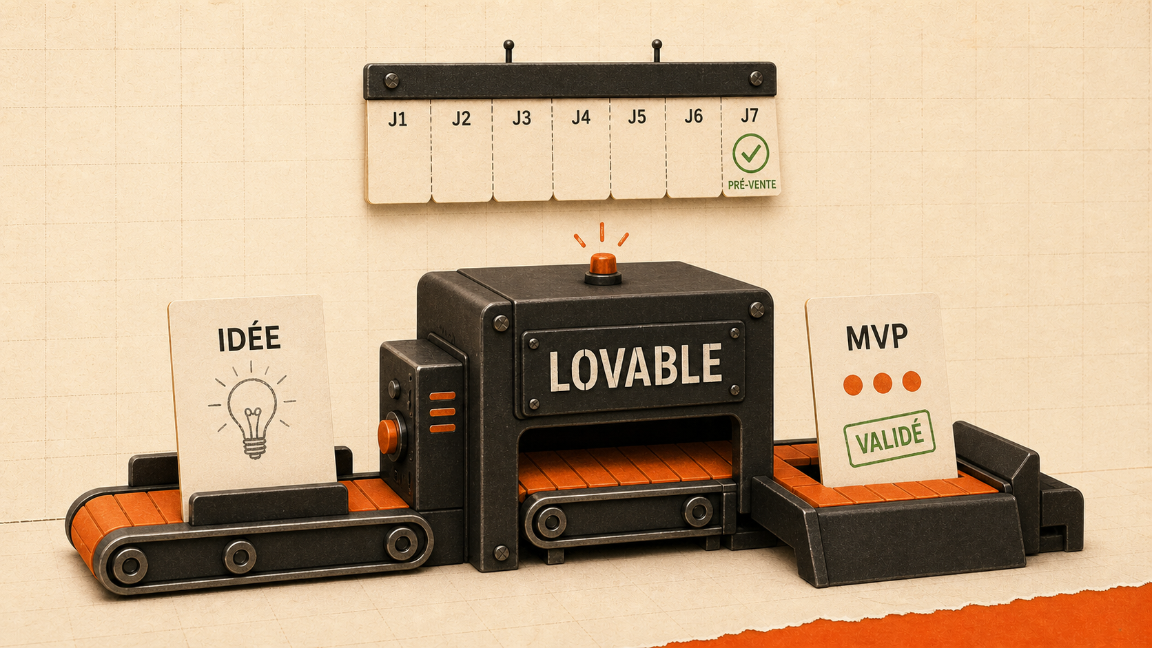 Établi éditorial 3D où une idée écrite sur une carte papier crème entre dans une boîte Lovable et ressort en MVP fonctionnel avec un tampon orange validé.