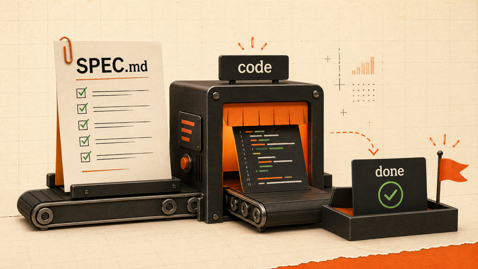 Fichier SPEC.md relié à une machine de code pour illustrer une spec Claude Code efficace.