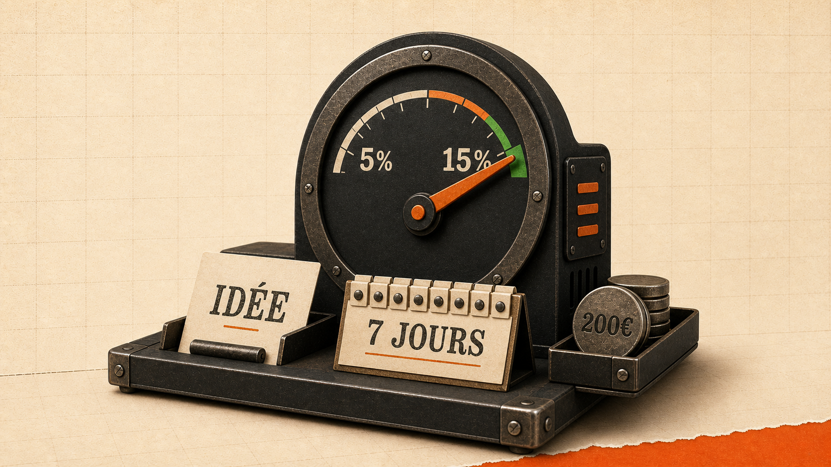 Cover 3D papier crème : sablier orange, billets de 50€ empilés, écran landing page, calendrier 7 jours sur établi éditorial.
