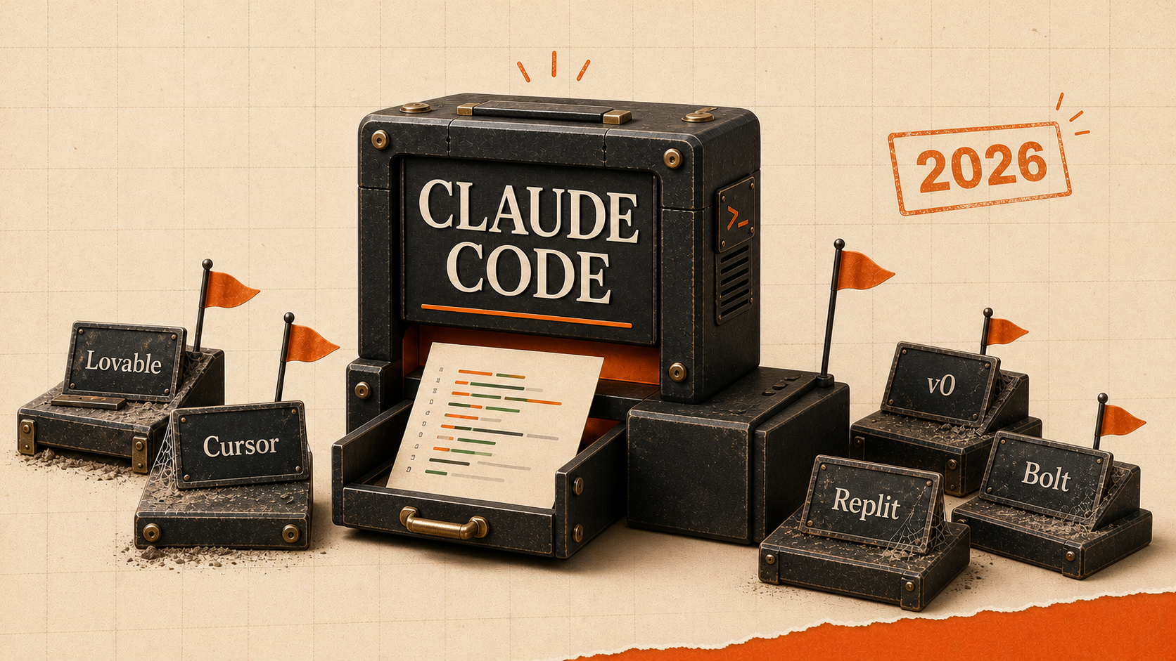 Établi éditorial 3D où Claude Code occupe la pièce centrale, entouré de Lovable, Cursor et v0 en présentoirs plus petits avec une légère poussière dessus.