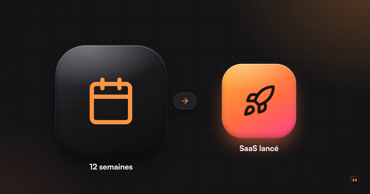 Une grande tuile noire avec un calendrier, une flèche, puis une tuile orange avec une fusée : douze semaines pour lancer un SaaS.