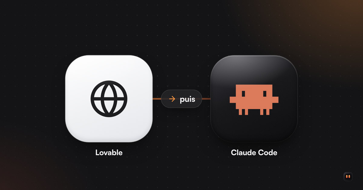 Un globe sur une tuile claire, une pastille « puis » et le logo de Claude Code sur une tuile noire : Lovable d'abord, Claude Code ensuite.