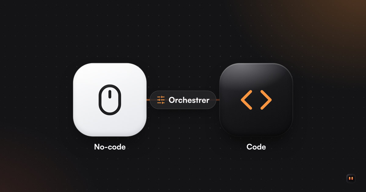 Une souris sur une tuile claire et le symbole du code sur une tuile noire, avec une pastille « Orchestrer » entre les deux.