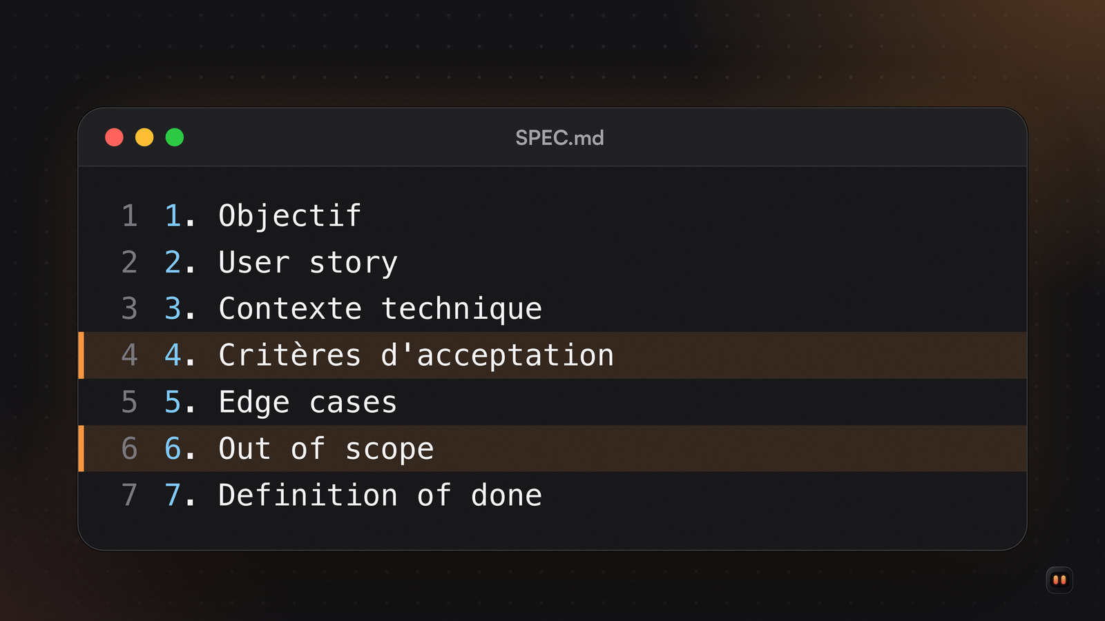 Un fichier SPEC.md avec les sept titres d'une spec, de l'objectif à la definition of done ; critères d'acceptation et out of scope surlignés.