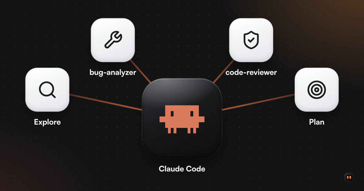 Le logo de Claude Code sur une grande tuile noire, relié par des traits orange à quatre petites tuiles : Explore, bug-analyzer, code-reviewer et Plan.