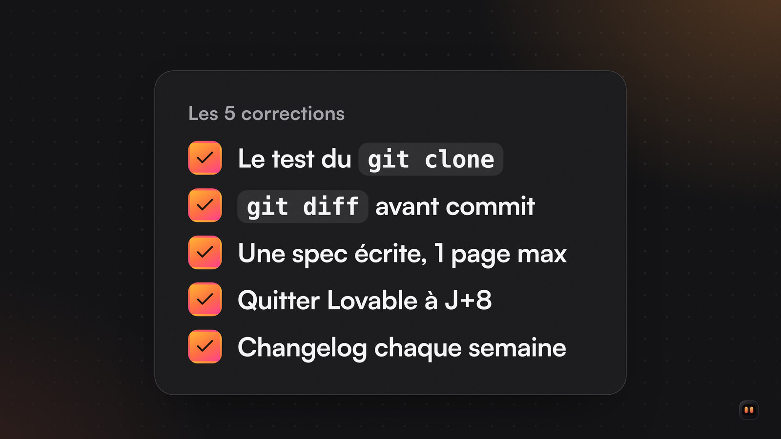 Liste de cinq corrections cochées : test du git clone, git diff avant commit, spec écrite, sortie de Lovable à J+8 et changelog chaque semaine.