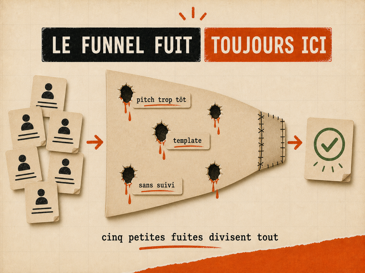 Cartes de leads entrant dans un funnel papier percé de cinq fuites, puis sortie validée sur fond papier VibesMoney.