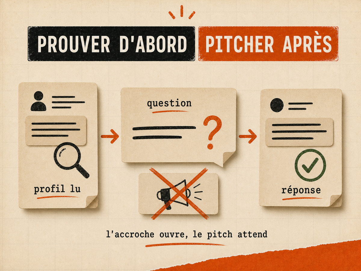 Profil lu, carte question, pitch barré et réponse validée dans une illustration papier VibesMoney.