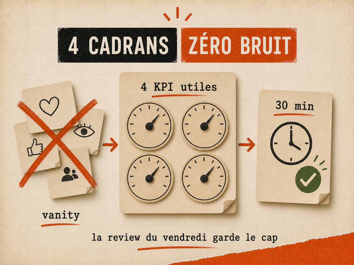 Papiers vanity barrés, quatre cadrans KPI utiles et carte de review validée sur fond papier VibesMoney.