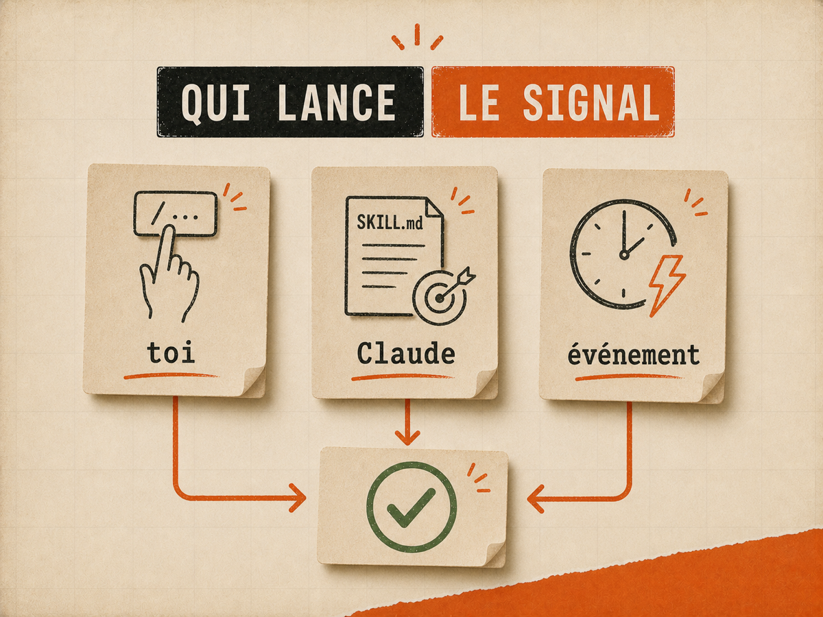 Trois cartes montrent un signal lancé par toi, par Claude ou par un événement, sur fond papier VibesMoney.