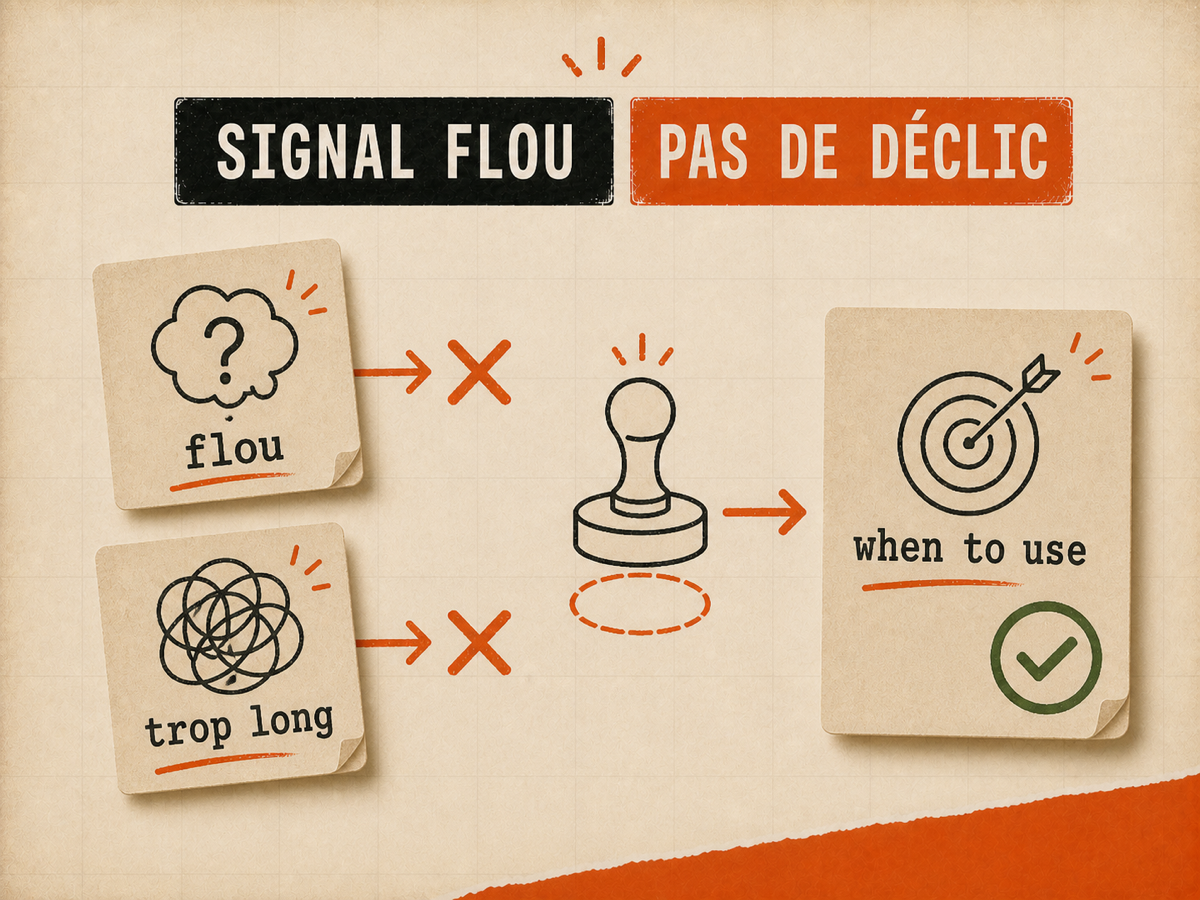 Deux cartes flou et trop long sont bloquées, tandis qu'un when to use précis déclenche une validation, sur fond papier VibesMoney.