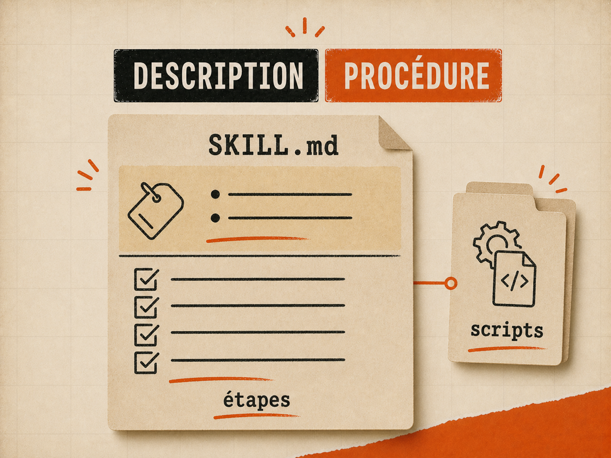 Un document SKILL.md séparé en description et étapes avec un dossier scripts optionnel, sur fond papier VibesMoney.