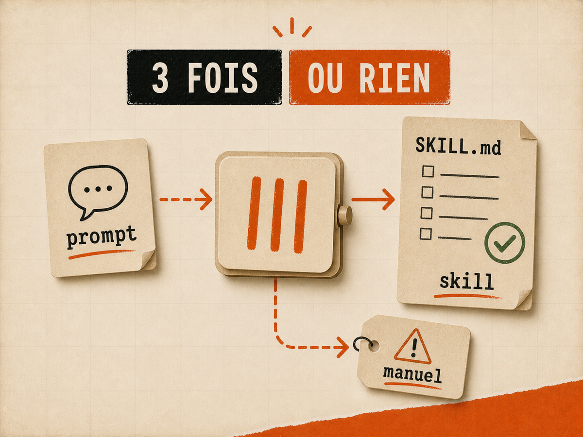 Un prompt mène à trois marques de répétition puis à une skill validée, avec carte manuel pour les actions risquées, sur fond papier VibesMoney.