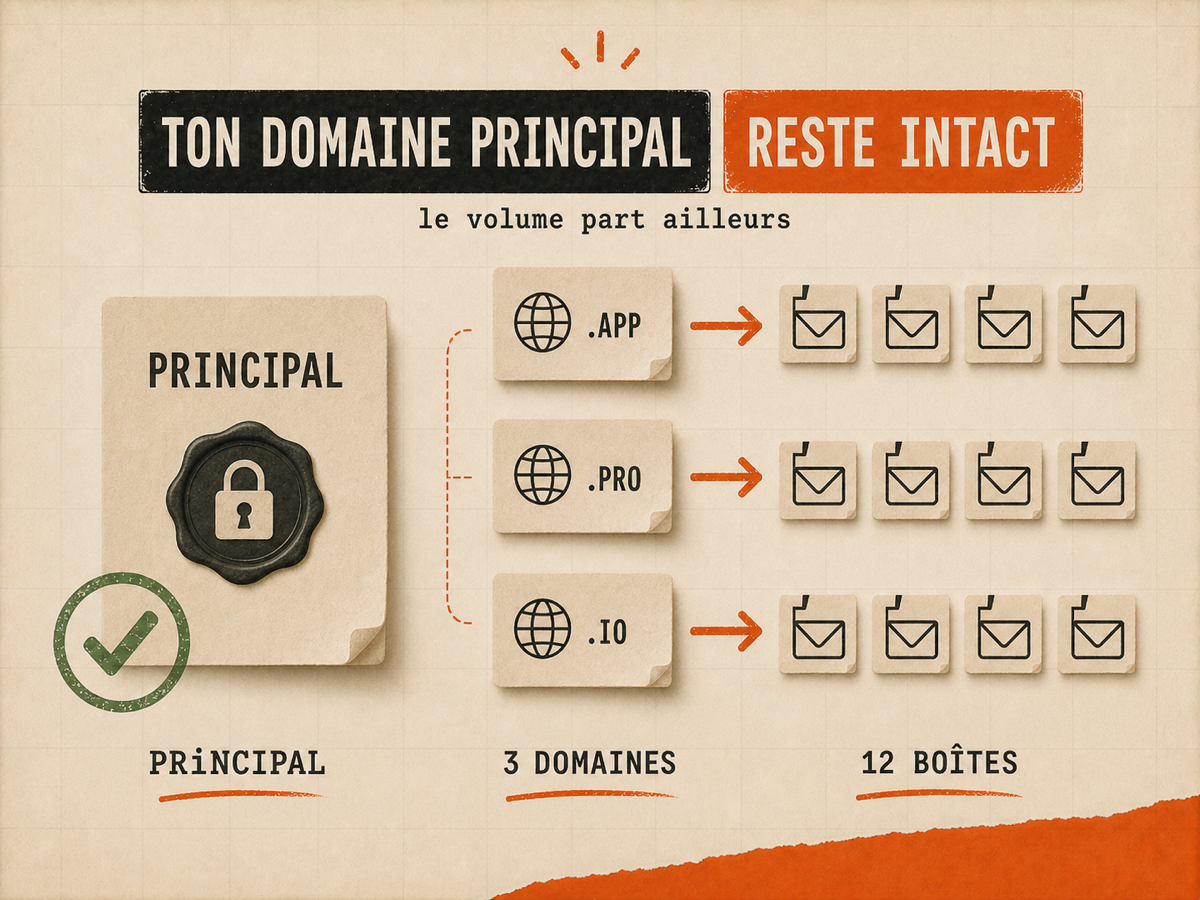 Diagramme papier avec un domaine principal scellé et trois domaines secondaires reliés à douze boîtes email.