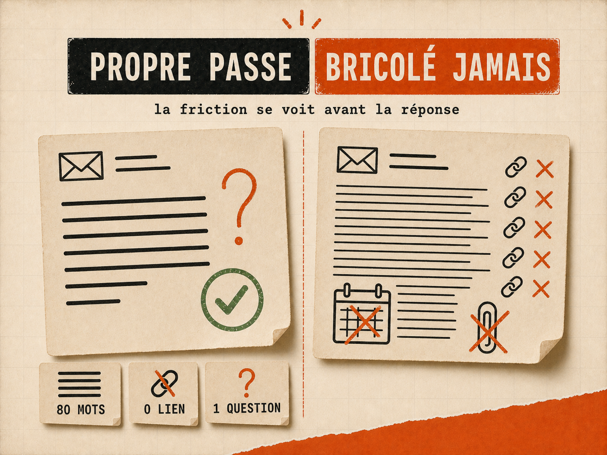 Comparaison papier entre un email compact validé et un email chargé de liens, calendrier et pièce jointe barrés.