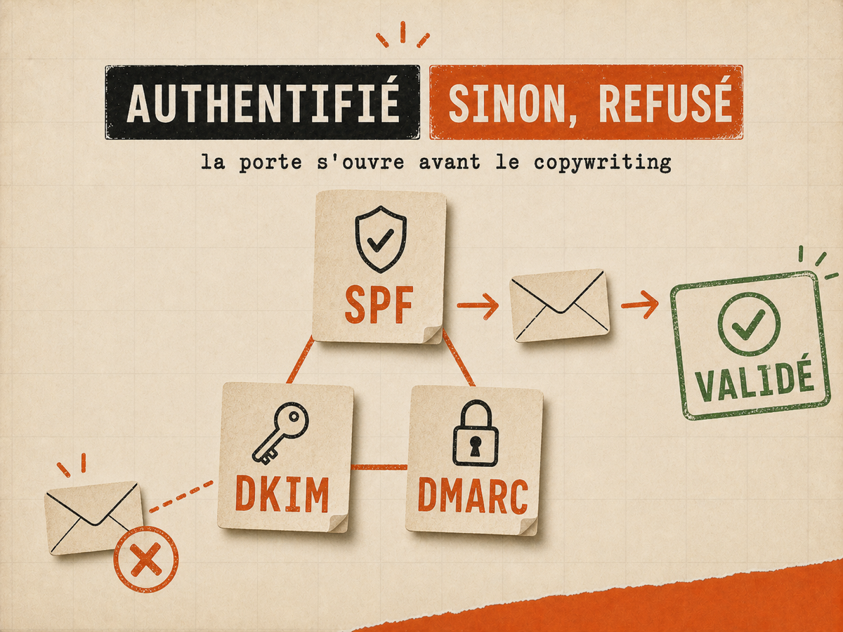 Illustration papier montrant trois cartes SPF, DKIM et DMARC en triangle, un email validé et un email rejeté.