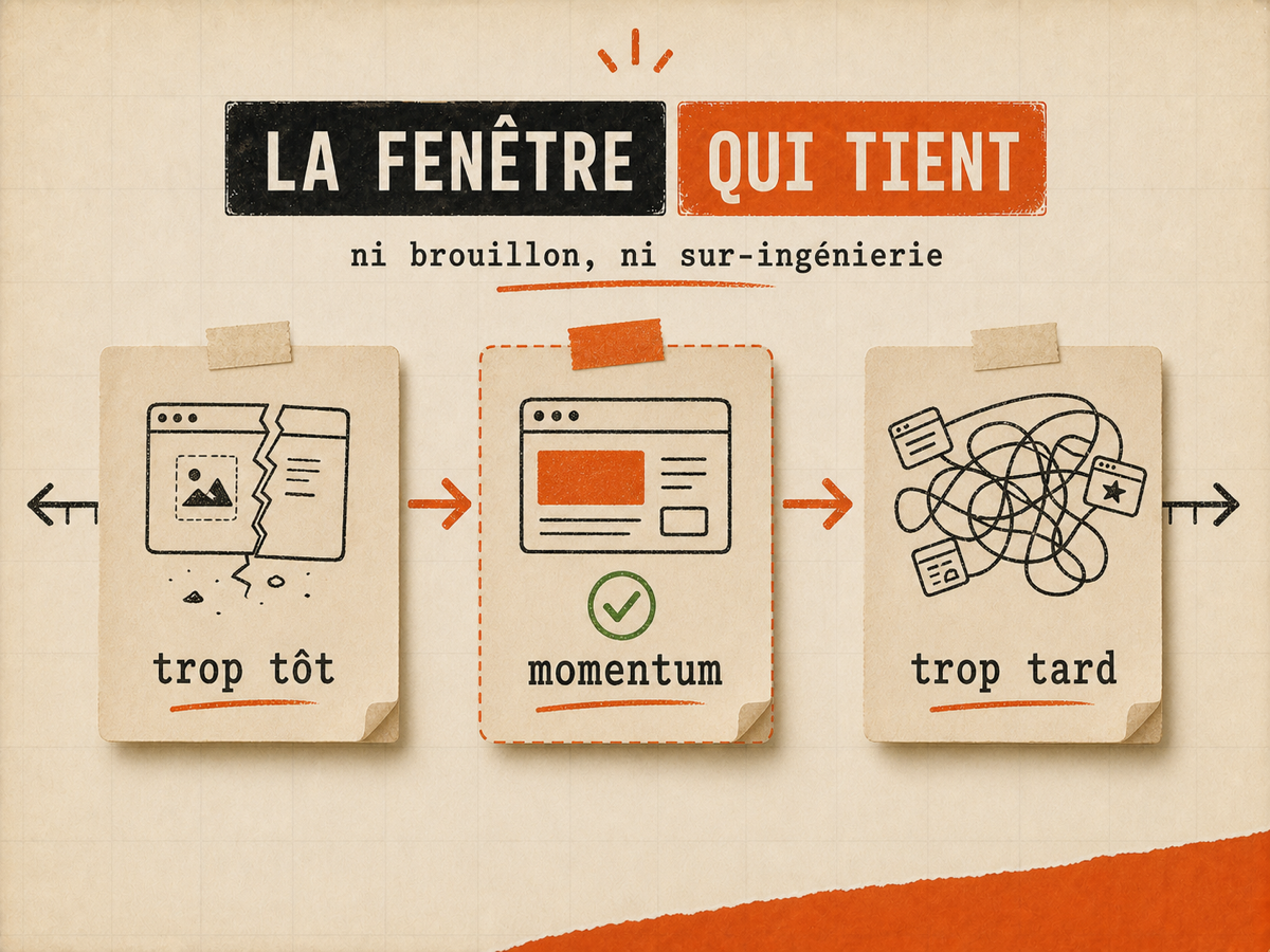 Illustration papier montrant trois cartes trop tôt, momentum et trop tard, avec un check vert sur la carte centrale, sur fond papier VibesMoney.