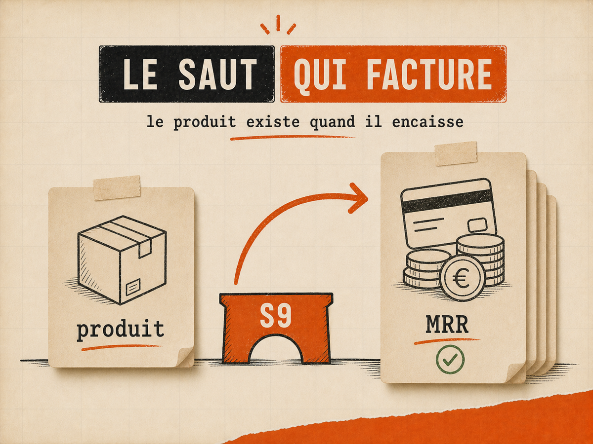 Illustration papier avec une carte produit, un pont orange S9 et une pile de cartes MRR validée, sur fond papier VibesMoney.