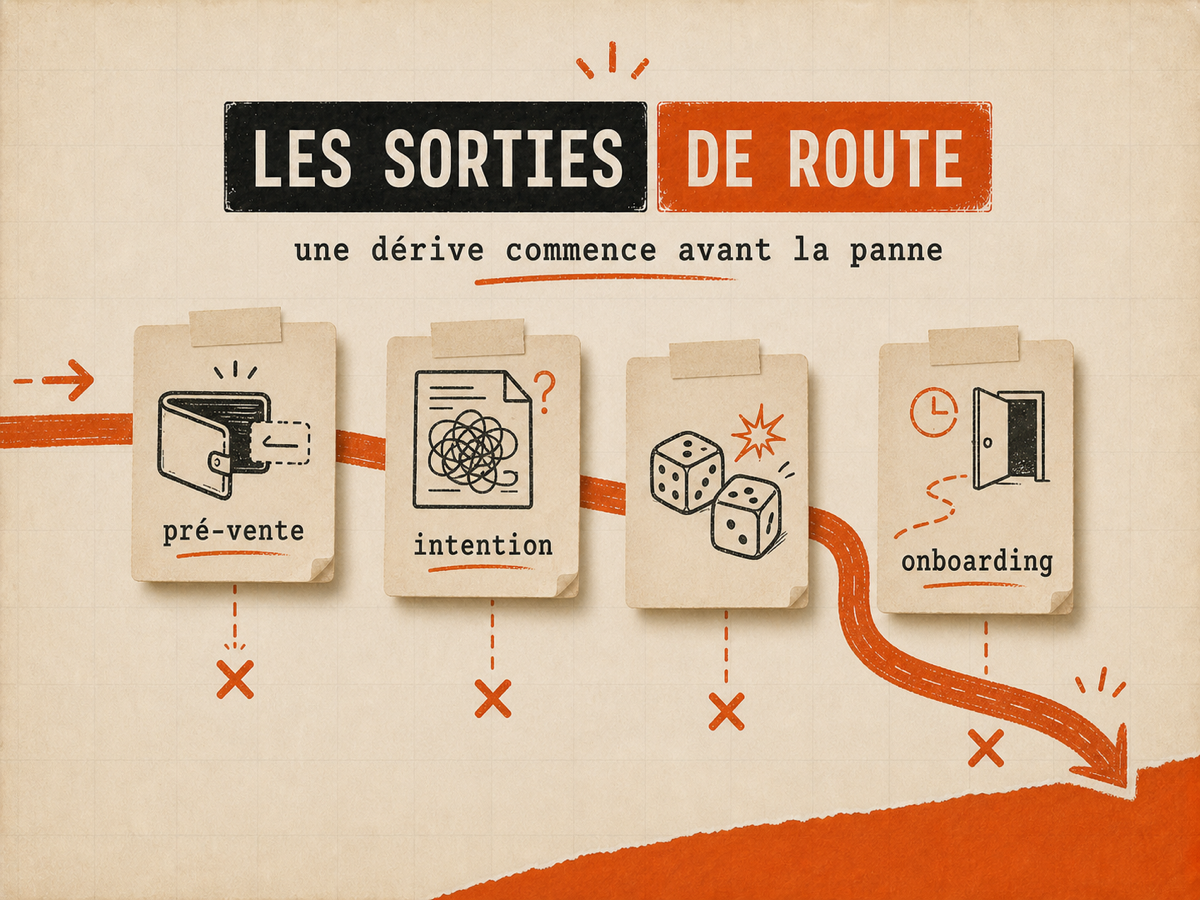 Illustration papier montrant une route orange qui dévie vers quatre cartes d'alerte, dont pré-vente, intention et onboarding, sur fond papier VibesMoney.