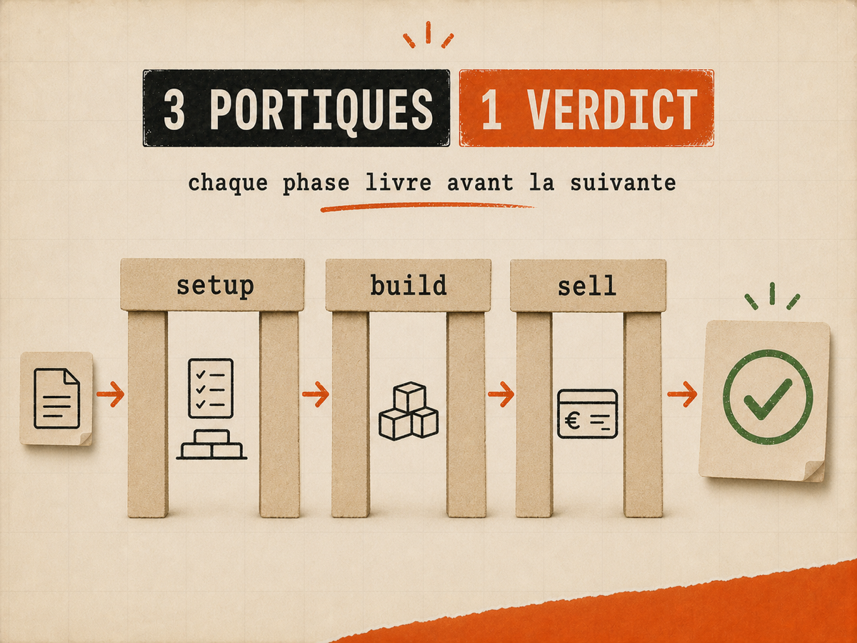 Illustration papier avec trois portiques setup, build et sell traversés par une carte jusqu'à un check vert, sur fond papier VibesMoney.