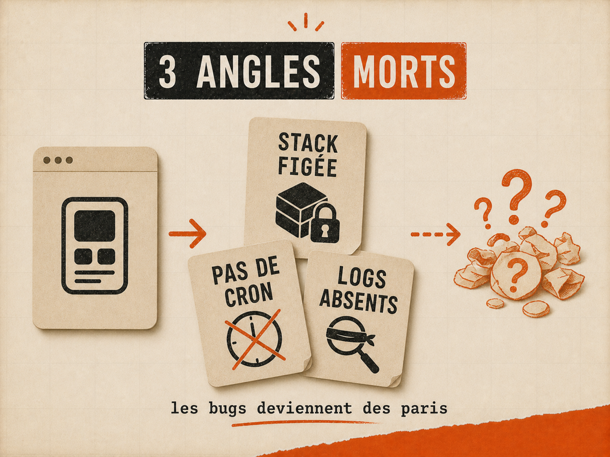 Illustration papier avec trois cartes stack figée, pas de cron et logs absents menant à des questions.