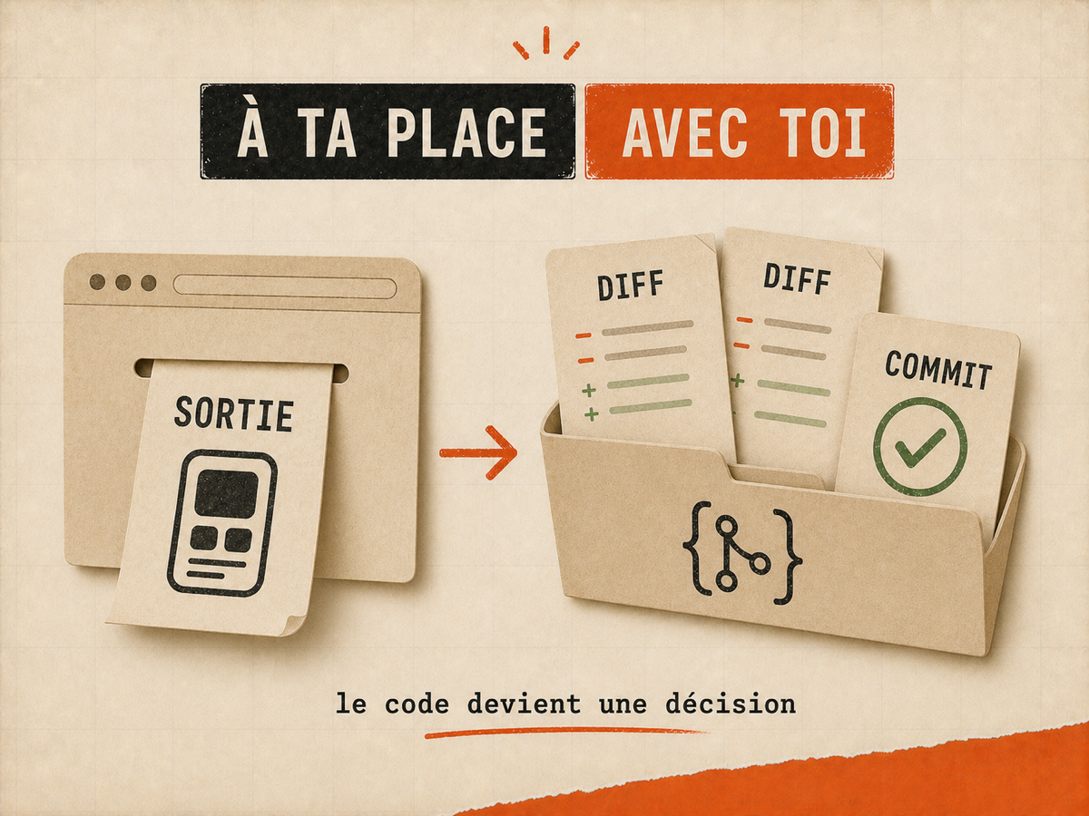 Illustration papier montrant une sortie navigateur qui devient des fiches diff puis un commit validé.