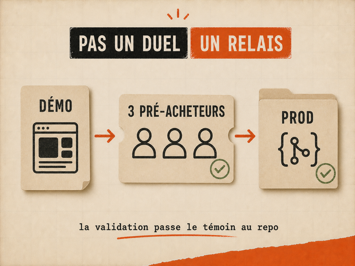 Illustration papier montrant une démo, trois pré-acheteurs validés puis une carte production.