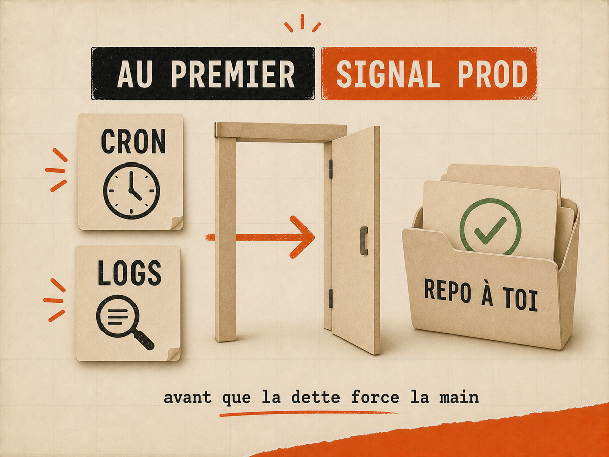 Illustration papier avec cartes cron et logs traversant une porte vers un dossier repo validé.