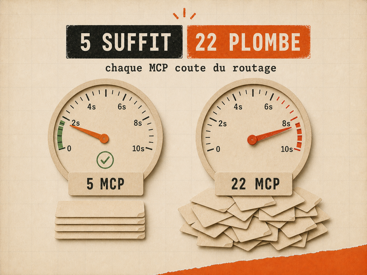 Deux cadrans analogiques papier comparant la latence d'un setup à 5 MCP versus un setup à 22 MCP plombé en zone rouge.
