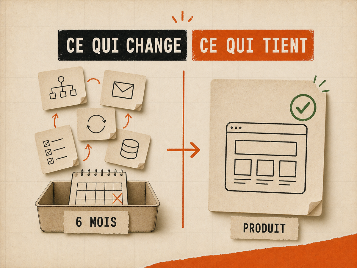 Illustration papier opposant des notes temporaires de six mois à une carte produit validée, sur fond papier VibesMoney.
