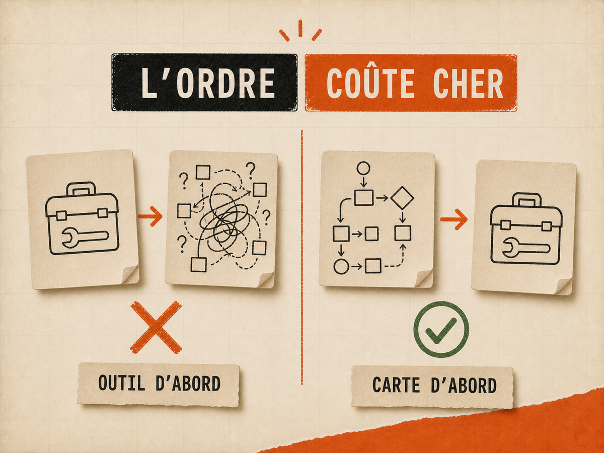 Illustration papier comparant outil d'abord barré et carte d'abord validé, sur fond papier VibesMoney.