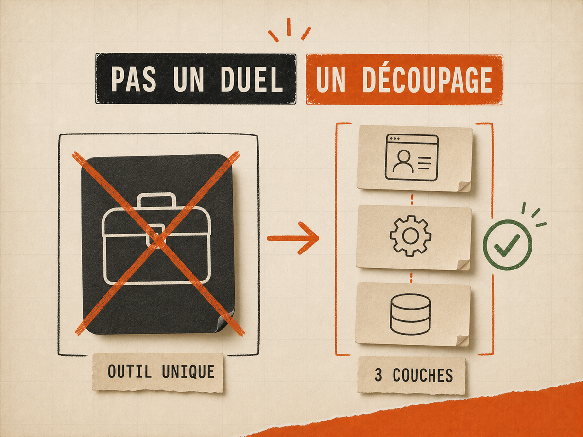 Illustration papier montrant un outil unique barré qui devient trois couches validées, sur fond papier VibesMoney.