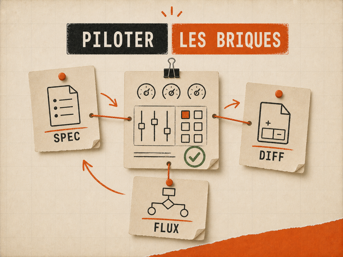 Illustration papier d'un tableau central reliant SPEC, DIFF et FLUX sur fond papier VibesMoney.