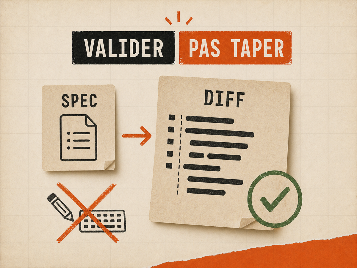 Illustration papier où une SPEC mène à un DIFF validé, avec clavier barré, sur fond papier VibesMoney.