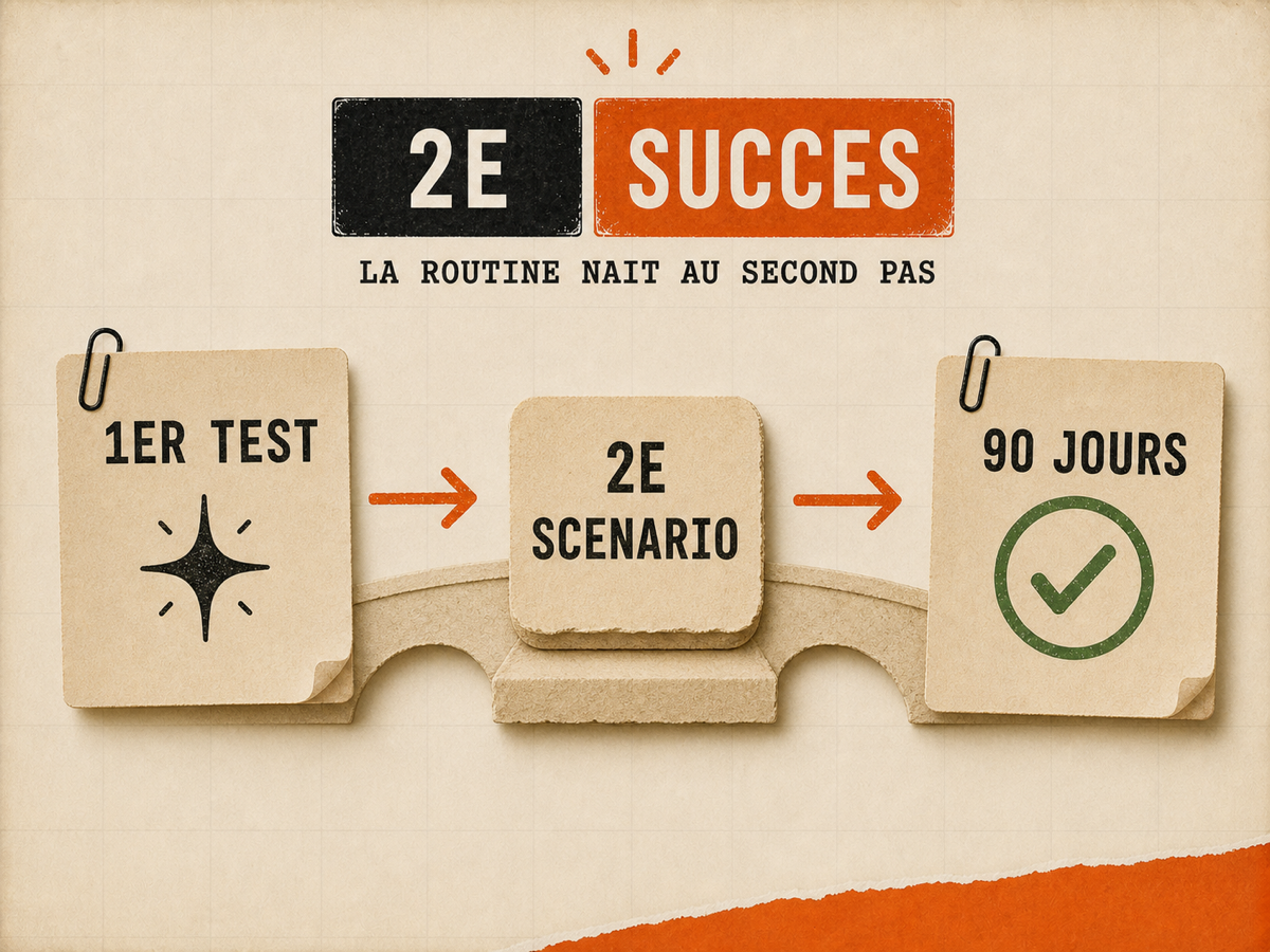 Illustration papier montrant un premier test, un deuxième scénario au centre et une carte 90 jours validée.