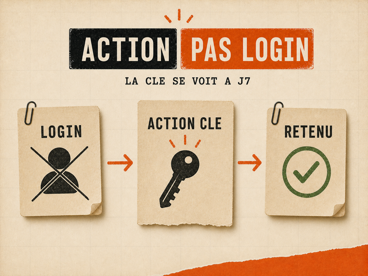 Illustration papier avec une carte login barrée, une carte action clé avec icône de clé et une carte retenu validée.