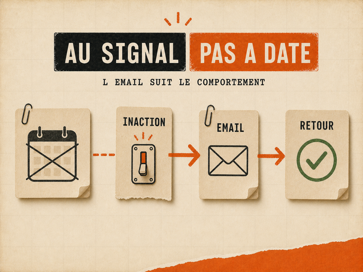 Illustration papier avec un calendrier barré, un signal d'inaction, une enveloppe email et un retour validé.