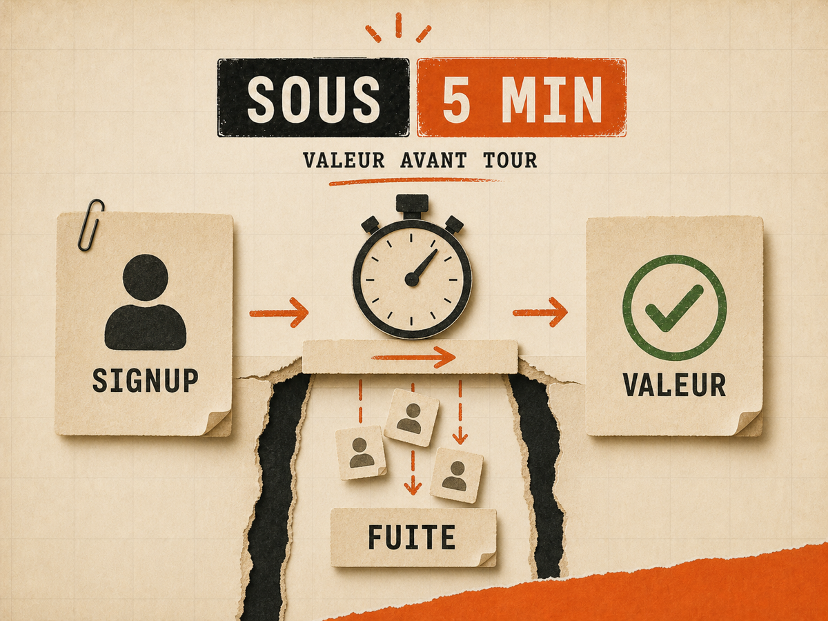 Illustration papier montrant une carte signup, un chronomètre, une fuite d'utilisateurs et une carte valeur validée.