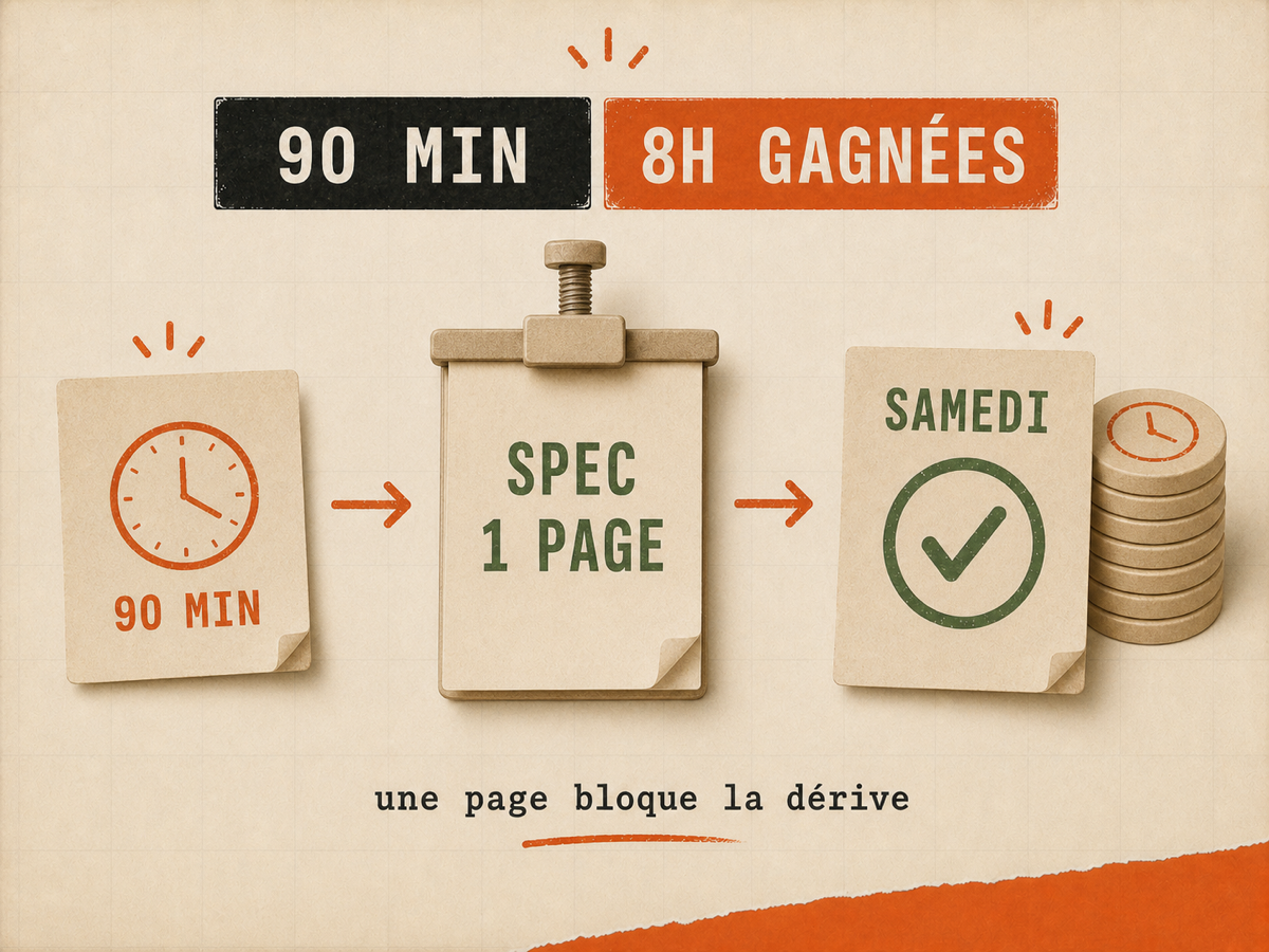 Illustration papier montrant une carte horloge 90 MIN qui traverse une spec d'une page serrée par un clamp et ressort vers une carte SAMEDI cochée.