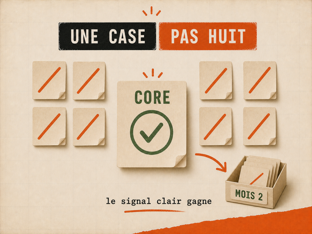 Carte papier centrale CORE avec grand check vert, entourée de huit petites cartes barrées en orange et d'un bac MOIS 2.