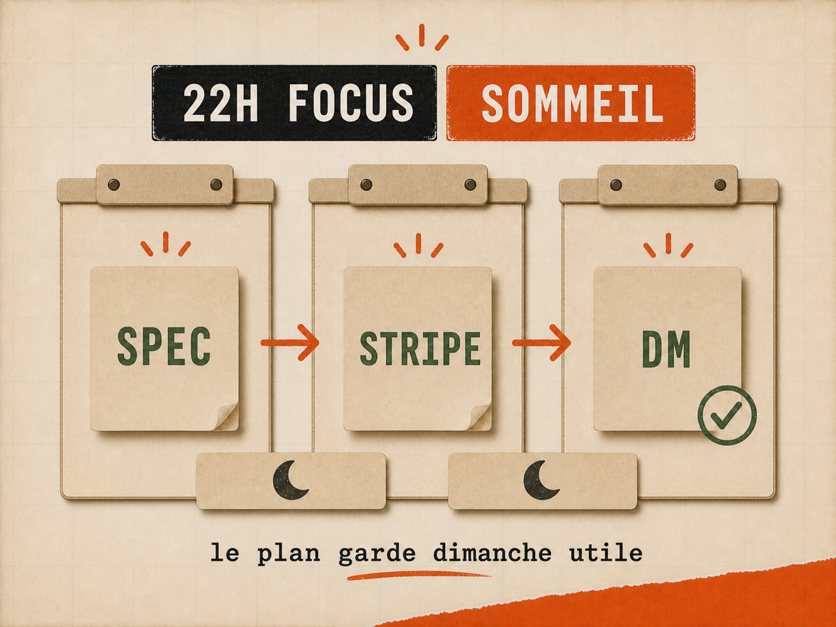 Calendrier papier en trois colonnes avec cartes SPEC, STRIPE et DM reliées par des flèches orange, deux bandes lune et un check final.