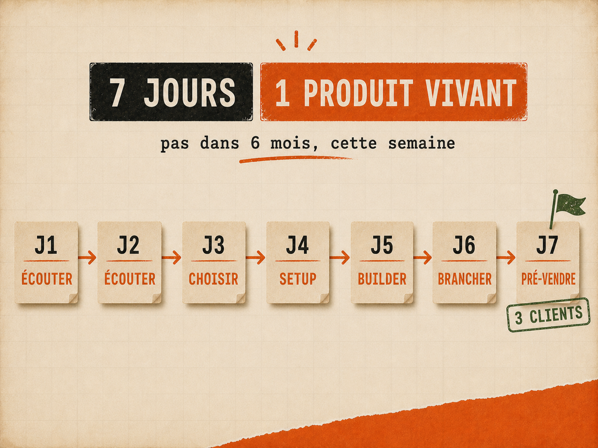 Calendrier papier de 7 jours avec un verbe sur chaque carte : écouter, choisir, setup, builder, brancher, pré-vendre, et un drapeau vert 3 clients sur J7.