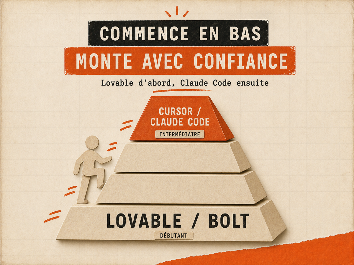 Pyramide papier en quatre niveaux d'outils : Lovable et Bolt à la base débutant, Cursor et Claude Code au sommet intermédiaire, avec un founder qui monte les marches.