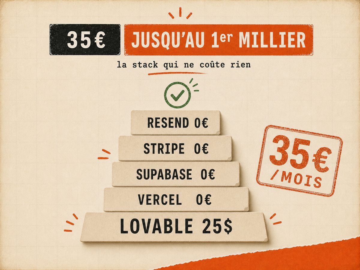 Cinq briques papier empilées avec leur prix : Lovable 25$, Vercel 0€, Supabase 0€, Stripe 0€, Resend 0€, total 35€/mois tamponné en orange.