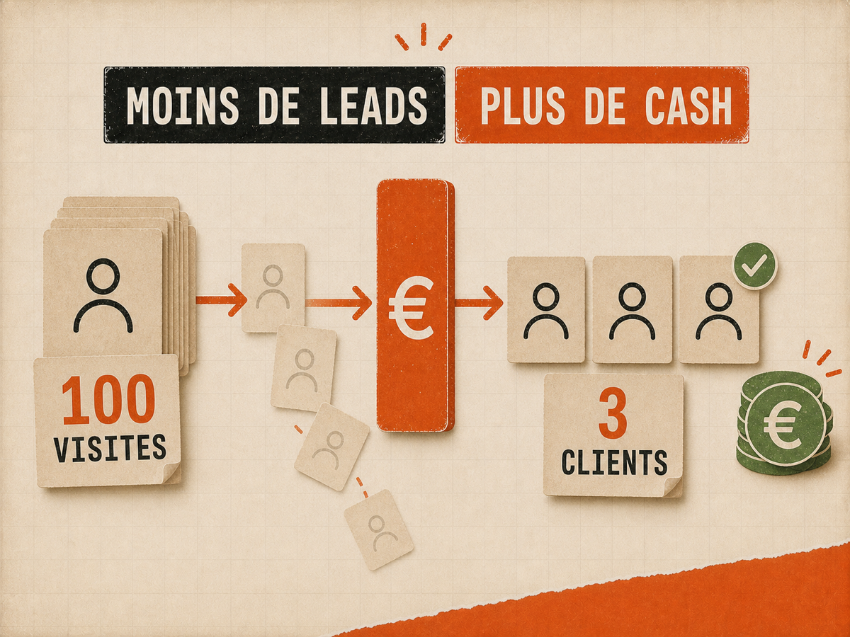 Parcours papier où 100 visites passent un portail de paiement et deviennent 3 clients payants, sur fond papier VibesMoney.